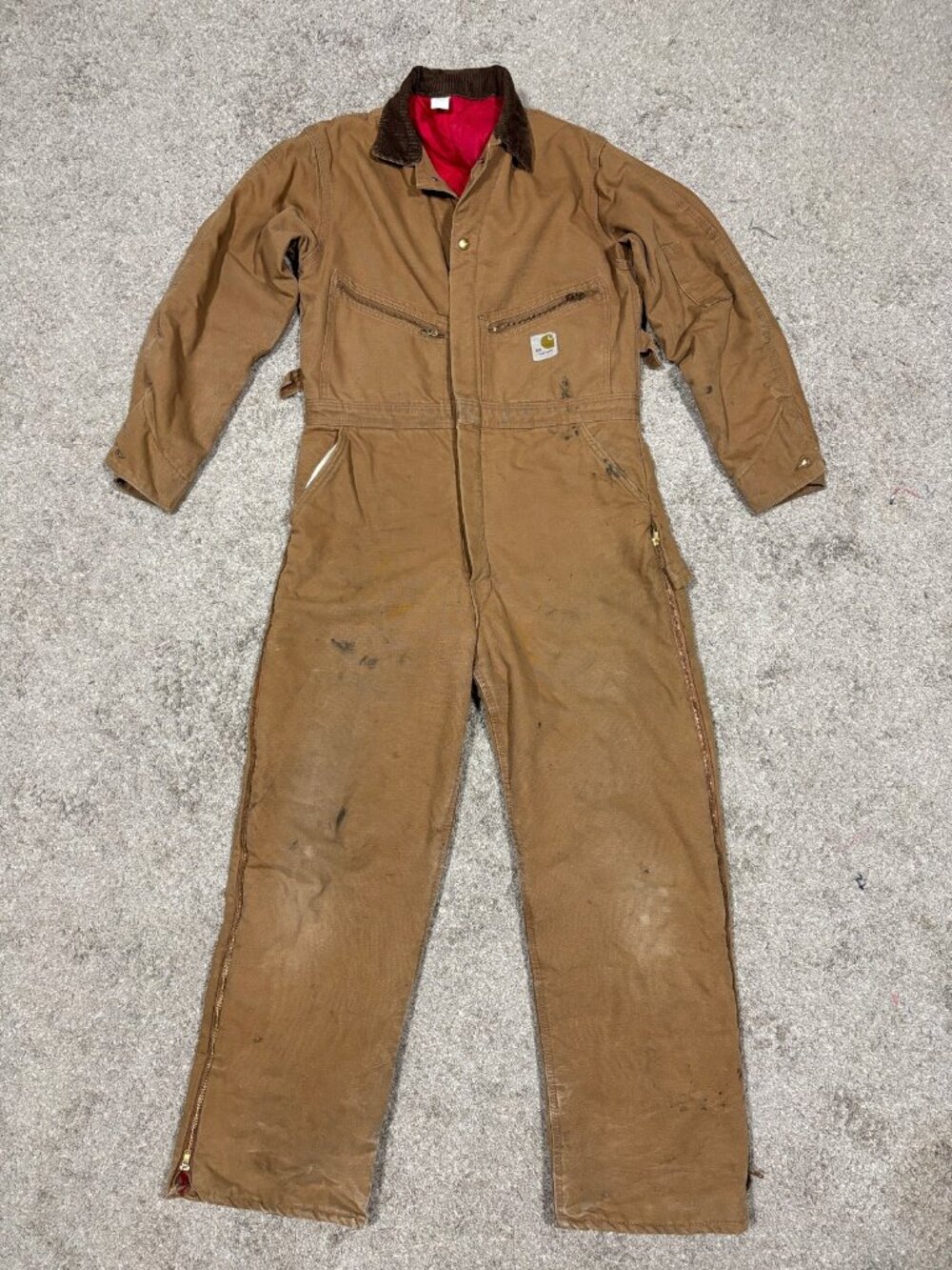 VTG Carhartt Coveralls 40R Distressed Brown Duck Canvas Insulated Jumpsuit USA